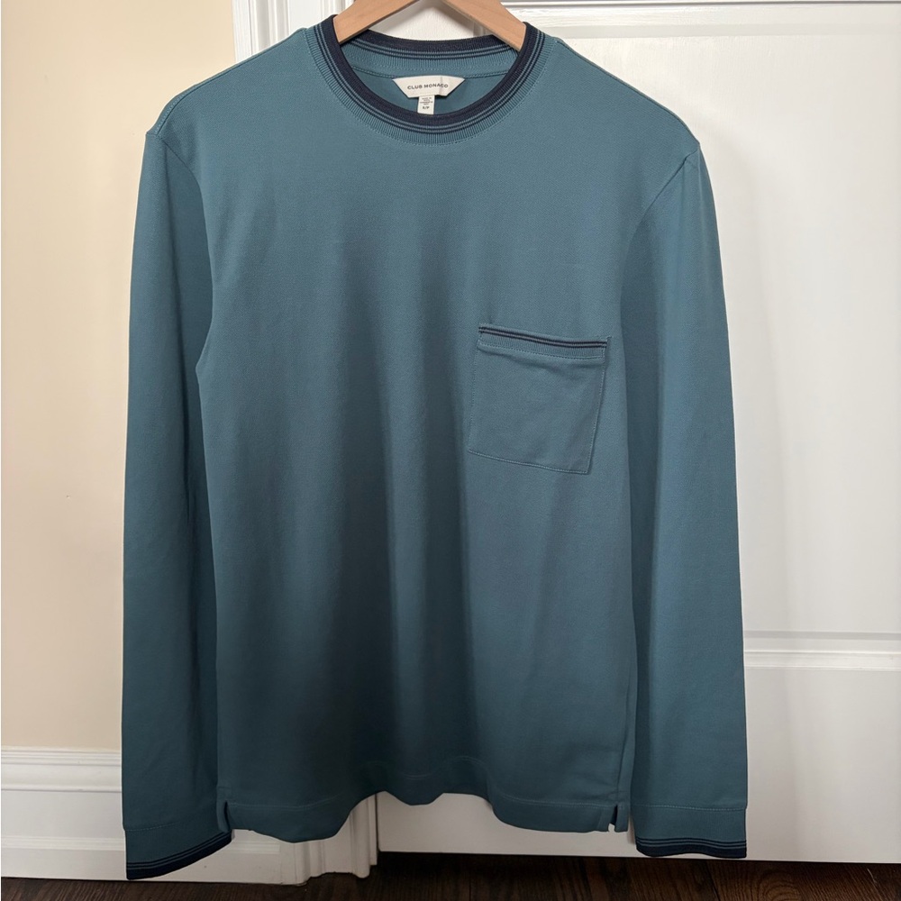 Club Monaco Men’s Teal Long Sleeve Pique Knit Crewneck Tee